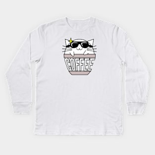 Cool cat in coffee cup with warped text swearing sunglasses Kids Long Sleeve T-Shirt